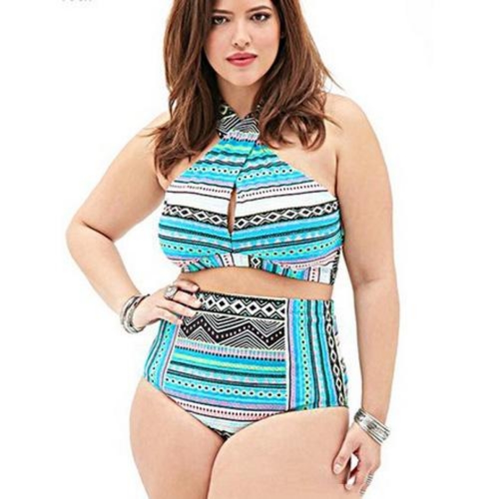 Multi color High waist plus size 2 pc swimsuit - Picture 1 of 3